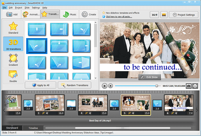 Add slide transitions to your wedding anniversary slideshow